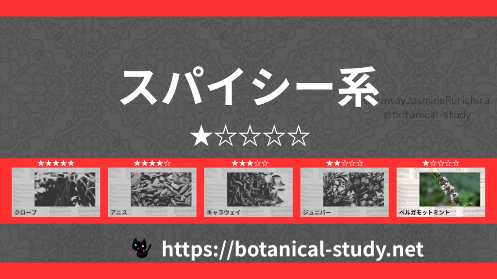スパイシー(香辛料系) 内分類：香りの強さ１｜アロマ精油一覧のアイキャッチ画像