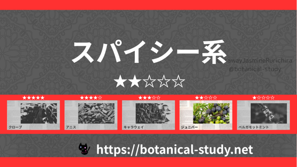 スパイシー(香辛料系) 内分類：香りの強さ２｜アロマ精油一覧のアイキャッチ画像