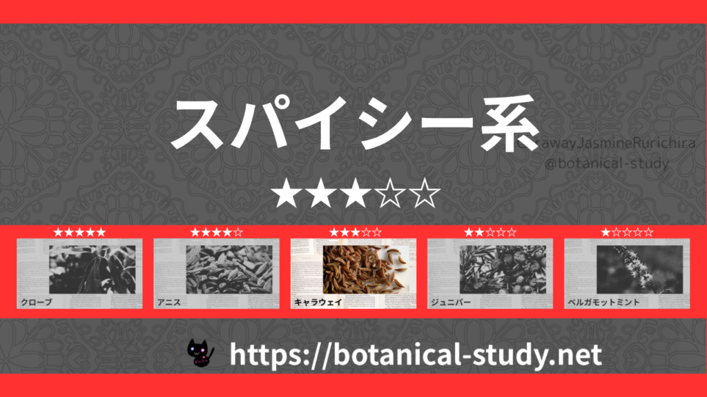 「スパイシー(香辛料系) 内分類：香りの強さ３｜アロマ精油一覧のアイキャッチ画像