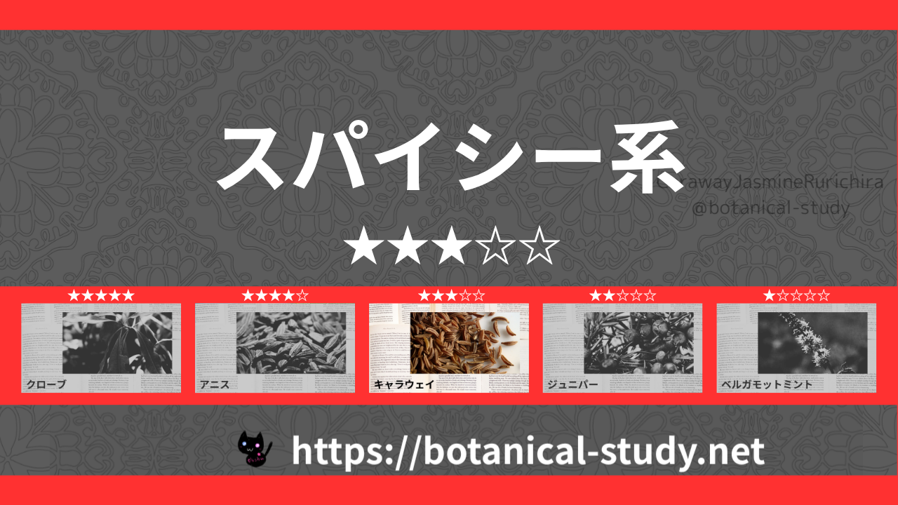 「スパイシー(香辛料系) 内分類：香りの強さ３｜アロマ精油一覧のアイキャッチ画像
