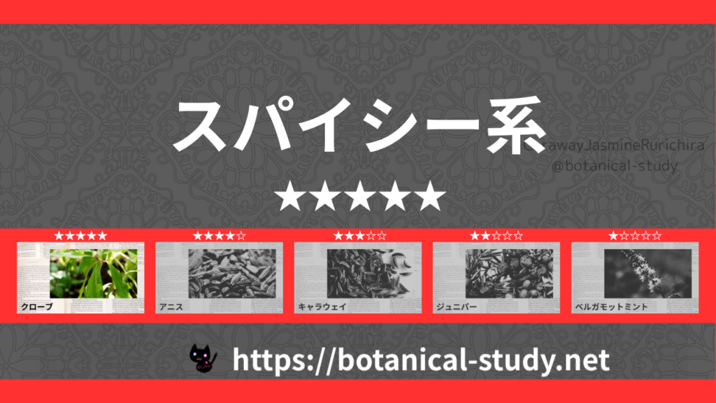 スパイシー(香辛料系) 内分類：香りの強さ５｜アロマ精油一覧のアイキャッチ画像